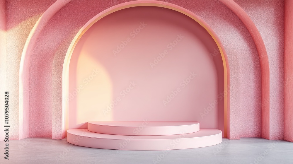 Fototapete minimalist abstract pink backdrop featuring an empty podium and pastel hues designed for modern stag