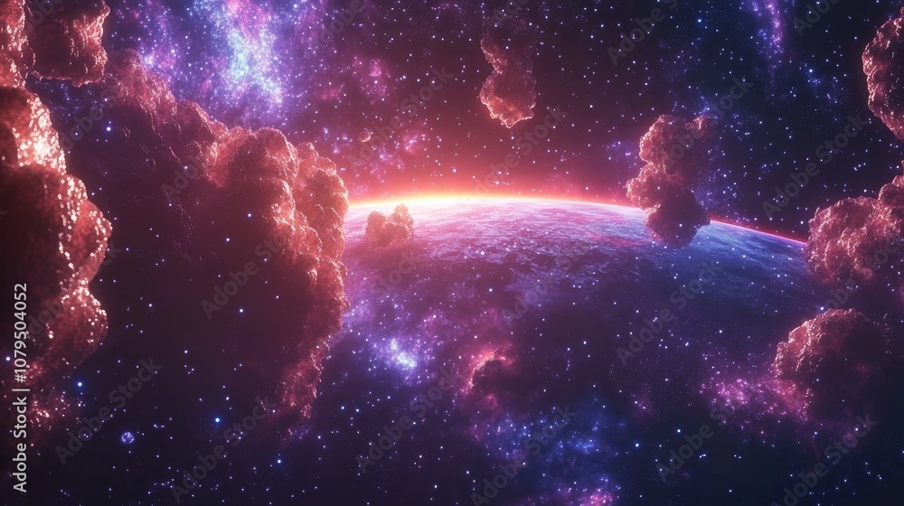 Poster 3D cartoon depiction of stars within a planet and galaxy set in open space