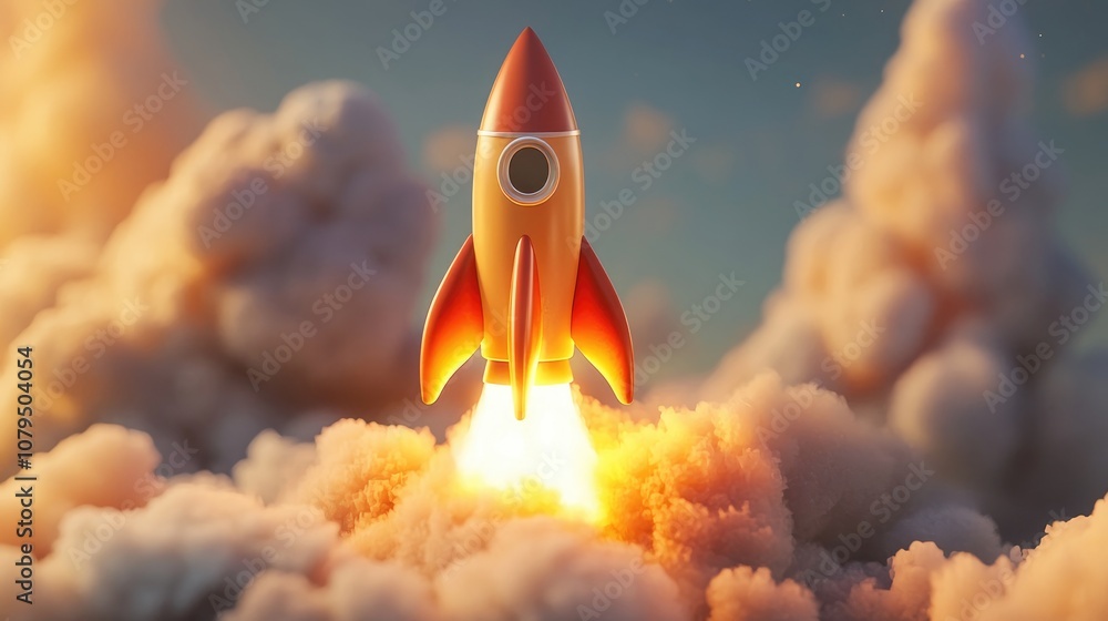 Poster rocket spaceship takes off in a 3d cartoon rendering 3d illustration elements