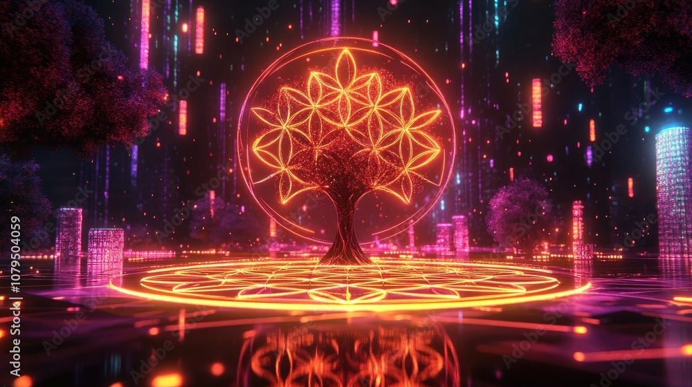 Poster 3d cartoon illustration featuring the flower of life and tree of life depicting sacred geometry with
