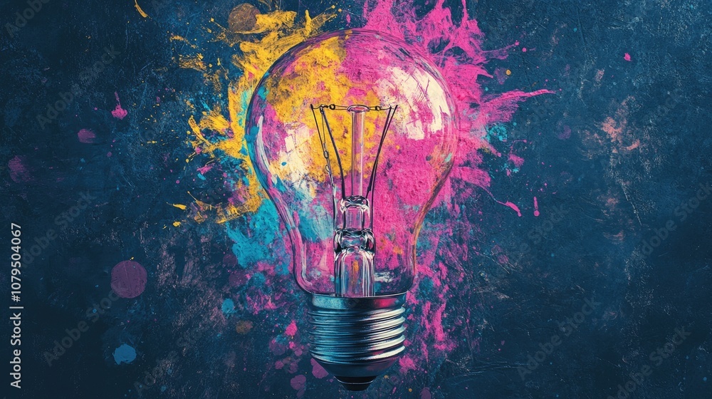 Poster abstract lightbulb featuring dynamic splashes of pastel pink yellow and blue paint representing crea