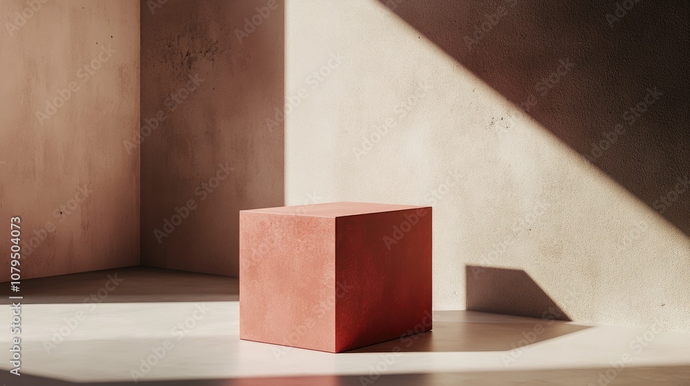 Poster Abstract 3D rendered shape designed for product placement featuring ample copy space Modern red step cube podium set against a blank background embodying a minimal studio aesthetic 3D illustration