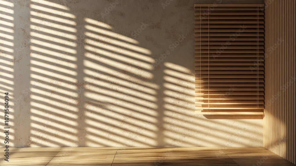 Leinwandbilder Shadowed window blinds in an empty room with a wall featuring a 3D rendering for minimal abstract product display