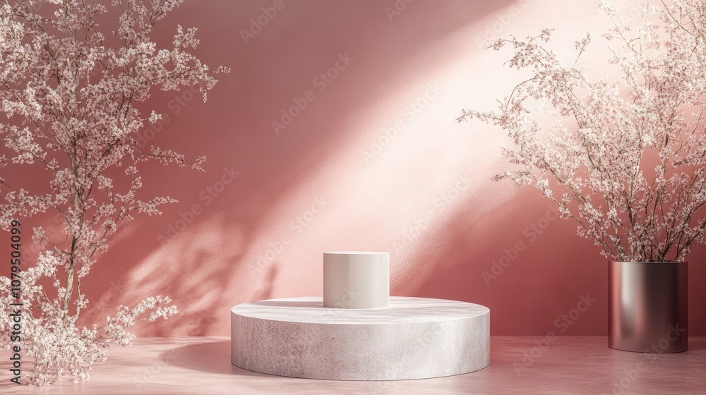 Poster 3D rendered abstract minimal pink backdrop featuring a copy space Unoccupied podium with silver accents an empty cylindrical pedestal and a blank round box mockup set within a minimal pink environ