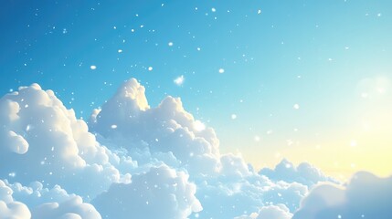 3D cartoon rendering showcasing a bright blue sky with light clouds and snowfall
