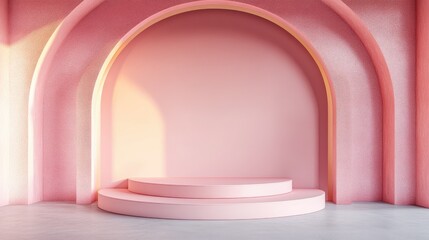 Minimalist abstract pink backdrop featuring an empty podium and pastel hues designed for modern stage display or showcase 3D rendering