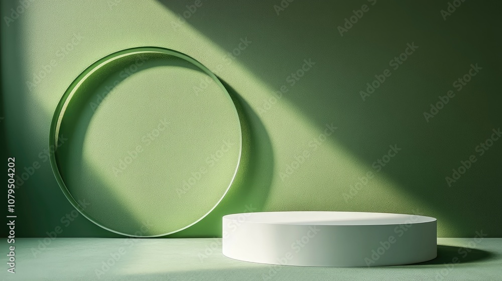 Poster 3d rendering of a mockup scene featuring a white and green podium alongside a geometric circle in gr