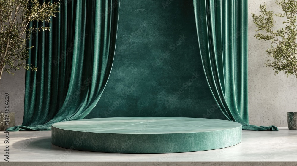 Poster 3D podium with flowing curtain fabric in green featuring a luxurious background and wide mockup for branding and product display illustrated through 3D rendering