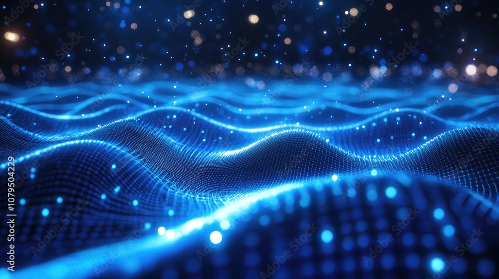 Aufkleber Abstract sci fi background featuring 3D cartoon rendering with glowing particles that create curved lines surfaces hologram structures and virtual digital space A blue motion design backdrop with