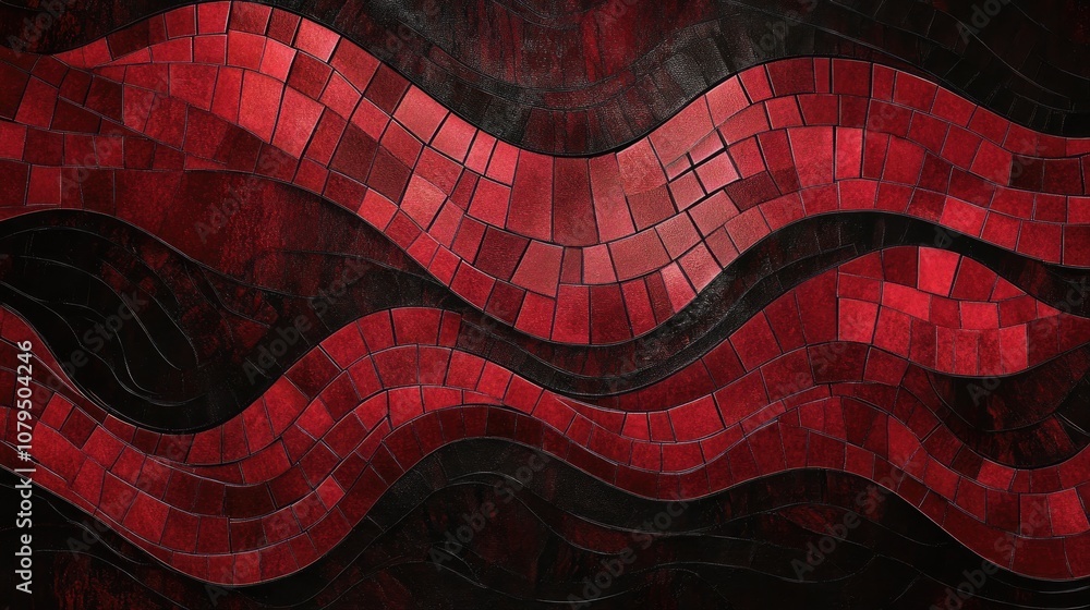 Poster Abstract dark red mosaic tile wall texture featuring fluid wave like patterns