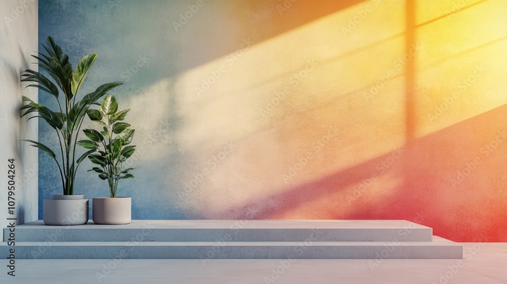 Poster walls and platforms featuring vibrant textured gradients interior backdrop illuminated by natural li