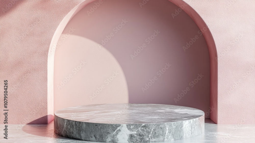 Poster Background podium for product display featuring a 3D stand on a marble stone platform A minimalistic stage for cosmetics with pastel shadows serving as an empty beauty floor mockup in an abstract