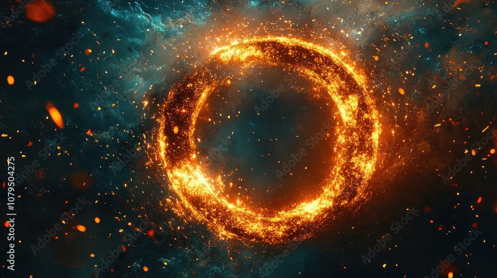 Poster Abstract space wallpaper with a 3D cartoon rendering of the letter O featuring sparks of light and a grunge style background with ample copy space