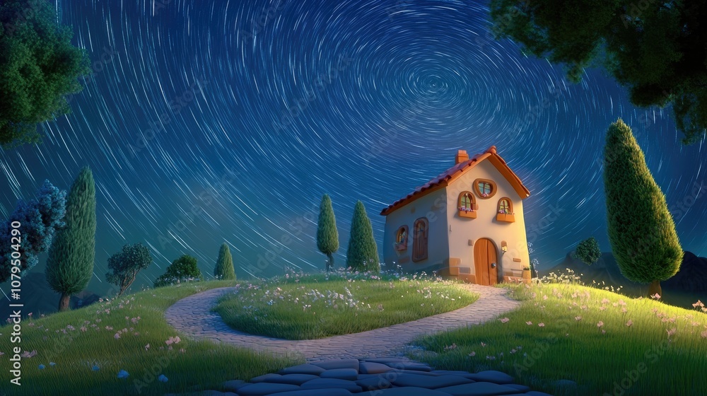 Poster 3d cartoon rendering featuring a small house with a star trail in the background