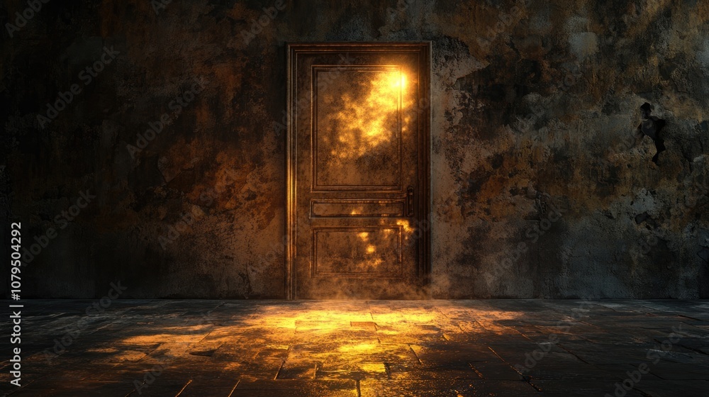 Poster dimly lit space featuring a luminous door 3d rendering digital artwork creation