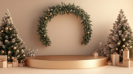 Beige podium with a golden surface and a Christmas wreath backdrop Mockup for showcasing gifts or products 3D render