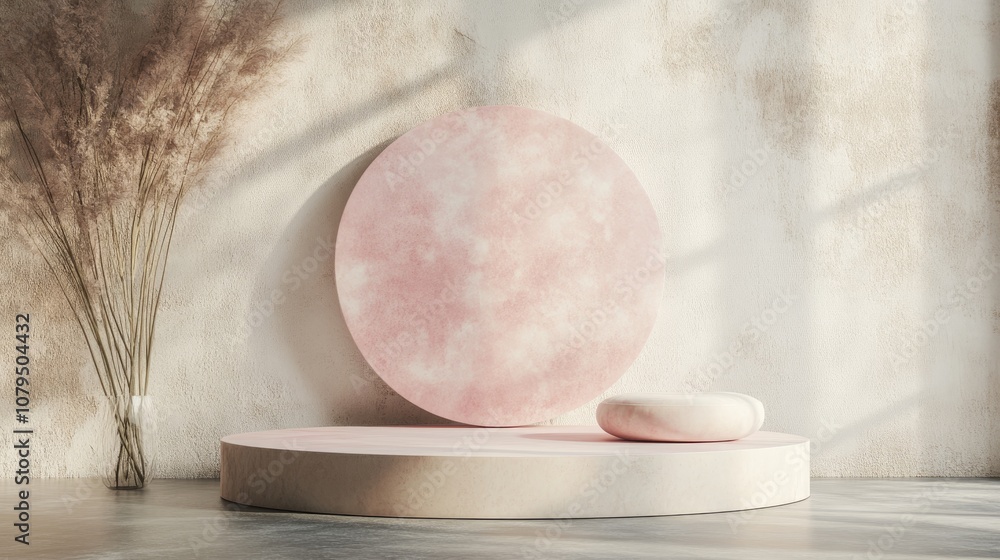Poster Pastel pink display podium on an empty surface with a soft backdrop 3D rendering without any entry point