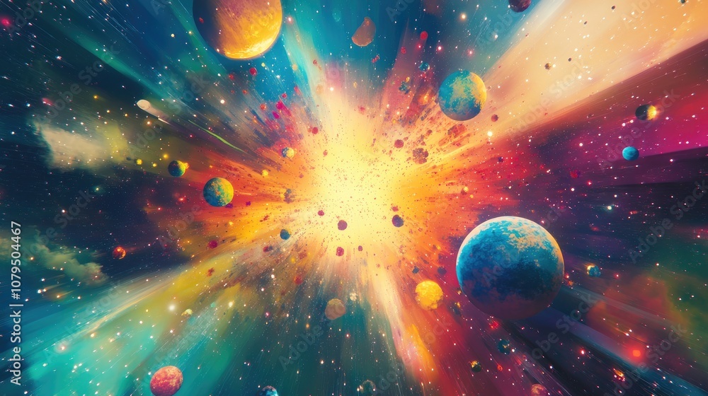 Aufkleber Spectacular multicolored illustration featuring particles and rays in a 3D cartoon rendering Abstract forms and planets create a background design centered around science depicting an explosion of