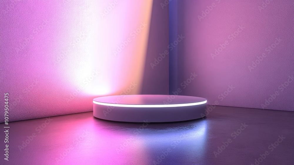 Poster Futuristic Pedestal Display Stand for Products White Neon Illumination 3D Rendered Image Blurred Reflections on the Surface Ideal for Product Presentation