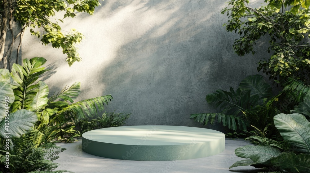 Aufkleber green podium surrounded by foliage for product showcasing minimalist design set in a contemporary un