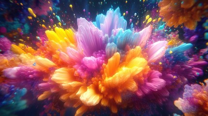 3D cartoon rendering featuring a paint explosion series composed of vibrant fractal bursts and illuminated elements designed to serve as a backdrop for projects focused on creativity imagination s