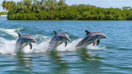 Obraz premium Three dolphins leaping out of the water, showcasing their agility and playfulness.