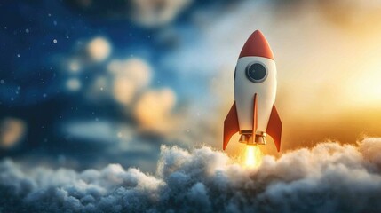 Fototapeta premium Embarking on a business journey with a rocket icon in 3D cartoon rendering rapidly accelerating towards our goals driven by determination and innovation with sights set on achieving success and st