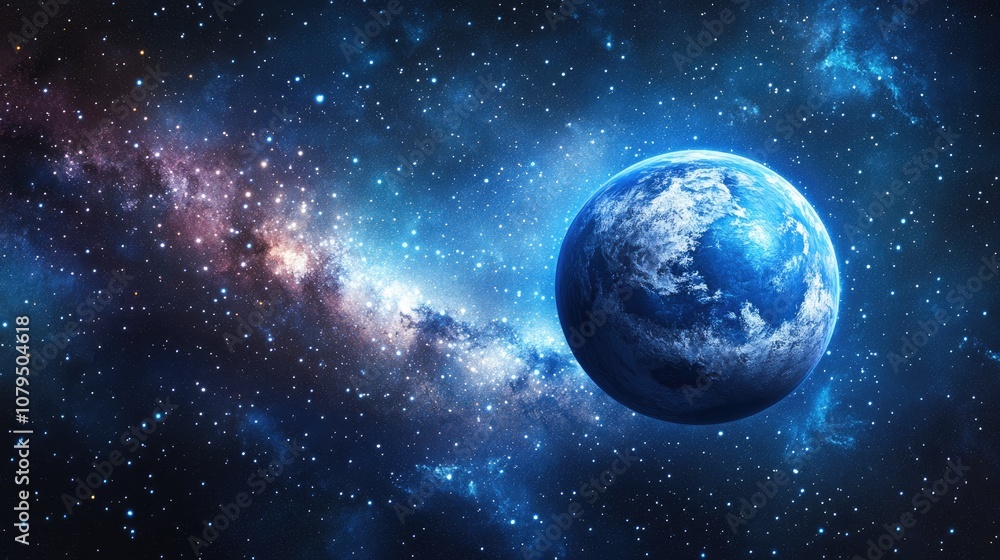 Poster 3d cartoon visualization of a blue planet within a starry cosmic space stunning perspective featurin