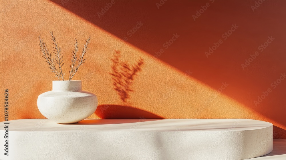 Aufkleber minimalistic geometric display on a pure white podium against an orange backdrop featuring soft shad