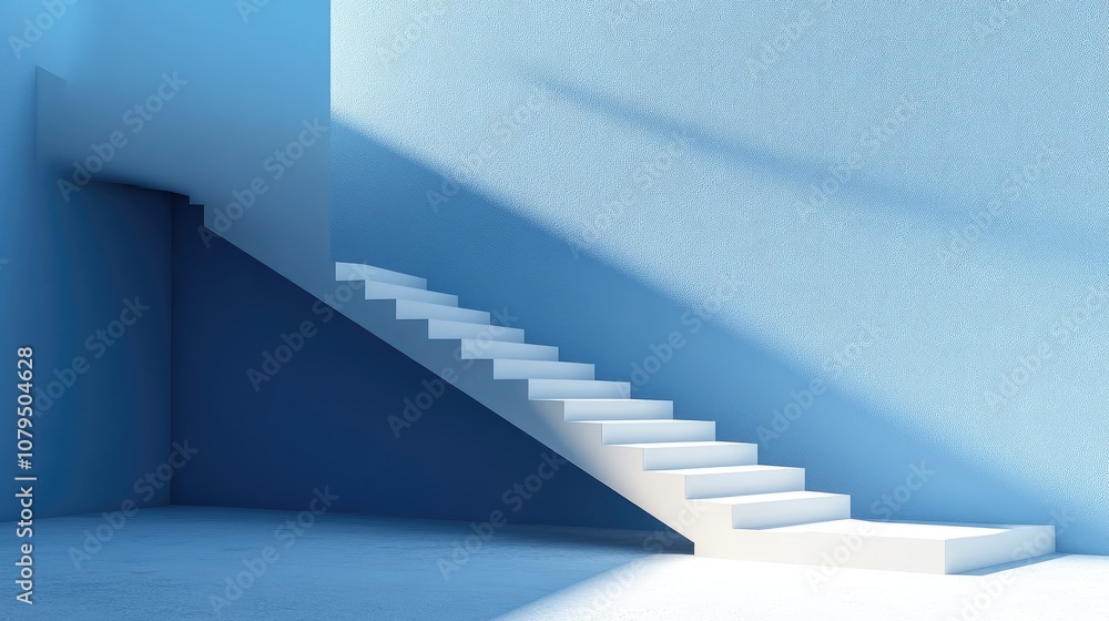 Poster staircase and platform against a blue backdrop mockup for text placement 3d visualization