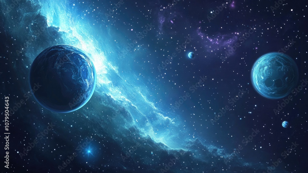 Poster 2D illustration featuring a deep space stellar background with a black universe and a cold nebula in a 3D cartoon rendering style