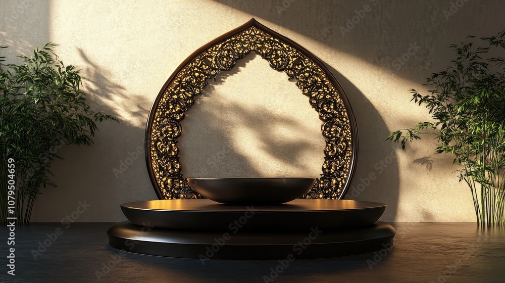 Poster 3d rendering of a podium designed for showcasing products during ramadan celebrations