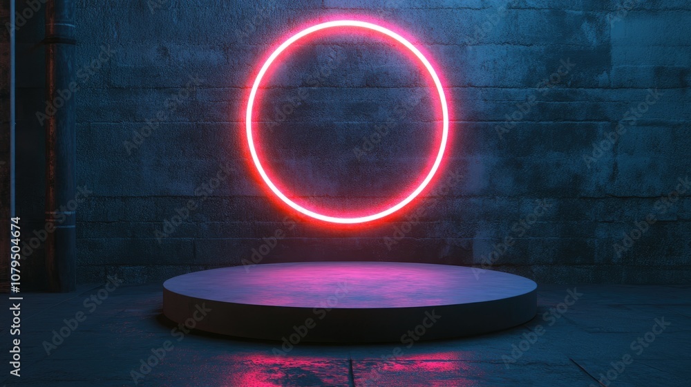 Fototapete neon light product display on a textured street floor featuring a glowing spotlight and an empty pod