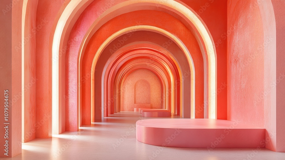 Aufkleber long tunnel featuring arches designed for product display podium in coral hues 3d rendering