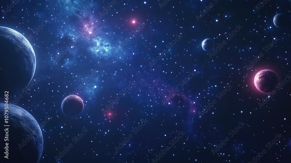 Poster 2d illustration featuring a 3d cartoon rendering of vast deep space with bright stars planets and mo