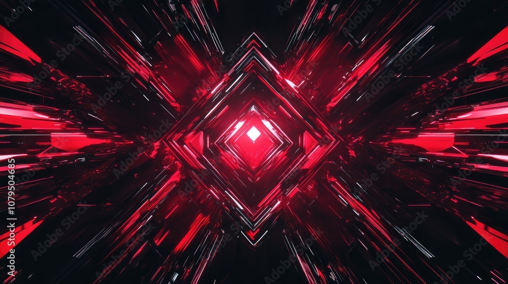 Poster futuristic abstract background featuring dark neon red tones with rays lines and symmetrical reflect