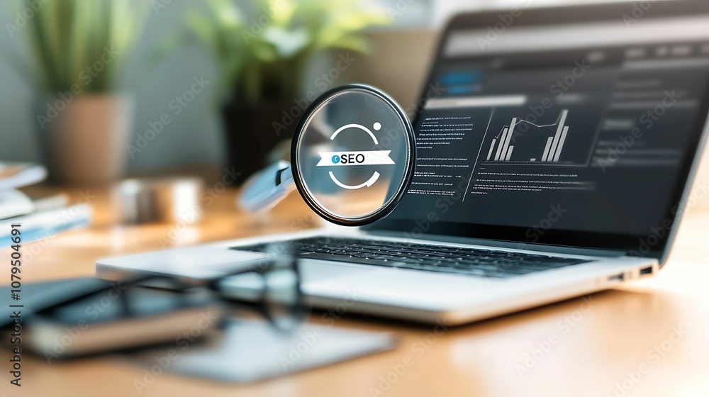 Wall mural seo relevance concept. a modern laptop displaying data analytics and seo metrics, with a magnifying 