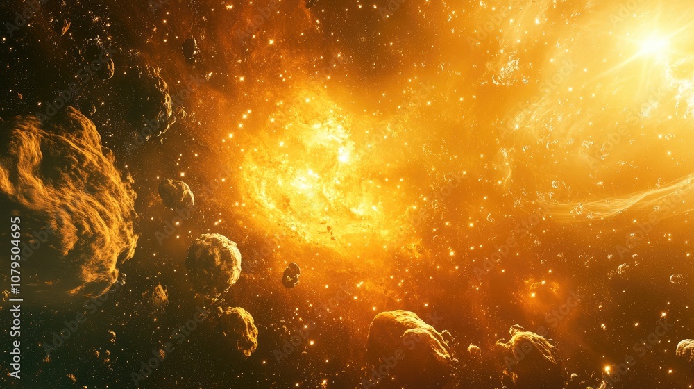 Poster stars dust and gas nebula in a distant galaxy represented in a 3d cartoon rendering