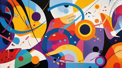 Colorful abstract composition featuring dynamic lines and circles in various hues and movements