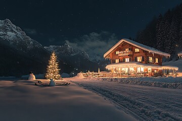 Fototapeta premium House with lights and a Christmas tree in the snow