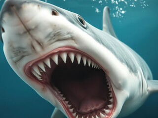 Great white shark aggressively lunging towards camera with mouth open showing rows of sharp teeth, marine life, predator, hunting