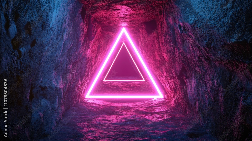 Aufkleber glowing neon triangle tunnel with 3d rendering and digital illustration