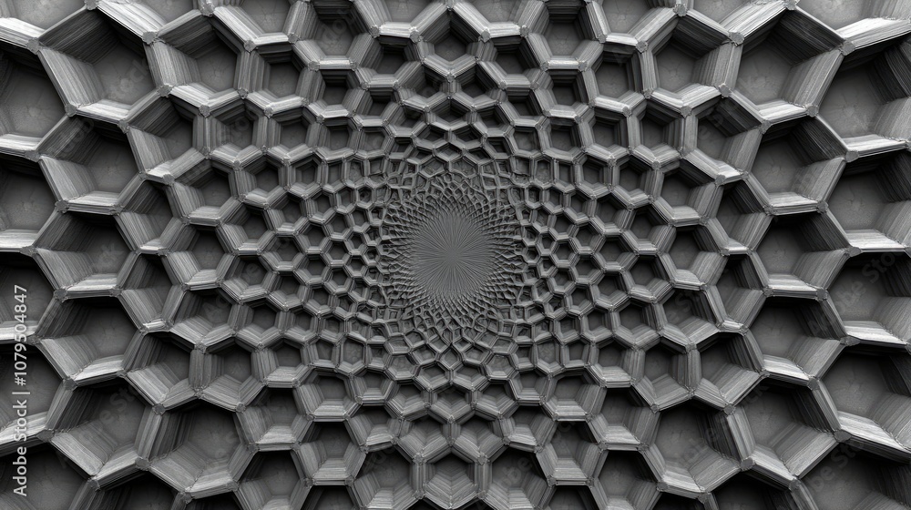 Poster 3D gray shiny abstract monochrome geometric pattern featuring a chaotic arrangement of hexagonal surface polygons in a circular design 3D rendering of a realistic honeycomb background or texture
