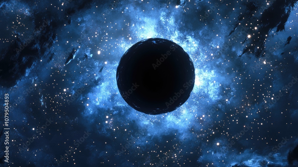 Poster 3d cartoon depiction of a black hole surrounded by shiny stars in a deep cold space with a blue nebu