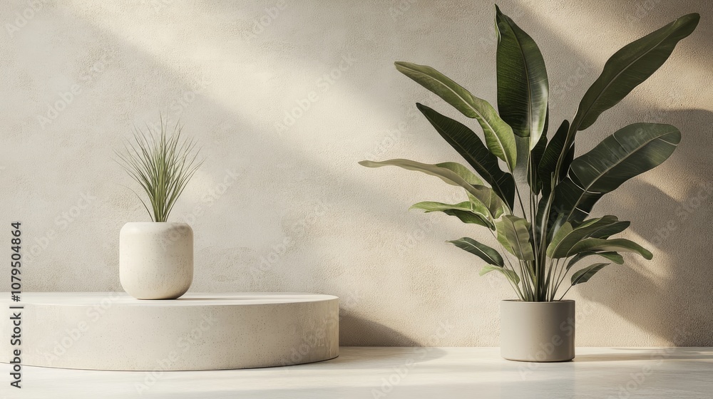 Aufkleber minimalist podium design featuring a plant for product presentation and showcase with a 3d rendered 