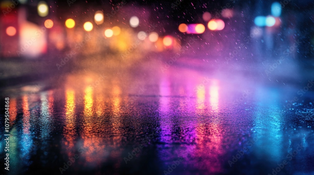 Poster dark street reflection on wet asphalt with neon light rays and smoke creates an empty background sce