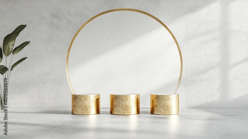Poster White and gold geometric pedestal with a minimal circular backdrop and a pillar Abstract studio setting for cosmetic product displays Promotional showcase in a minimalistic scene 3D rendering