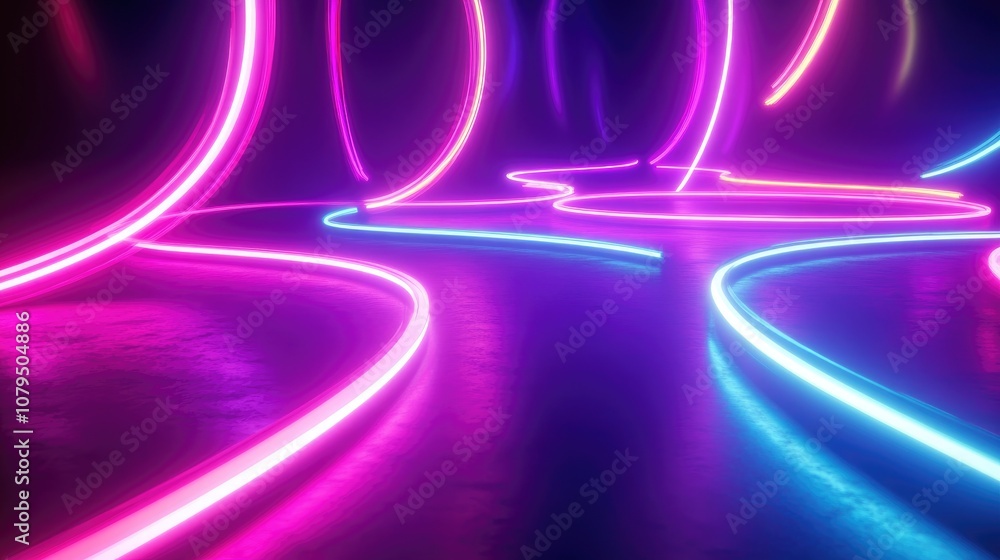 Poster curved lines illuminated with vibrant neon colors created through 3d digital rendering