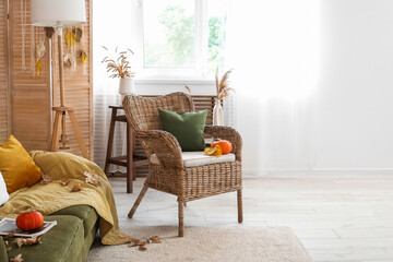 Armchair and sofa with pumpkins in autumn interior of living room