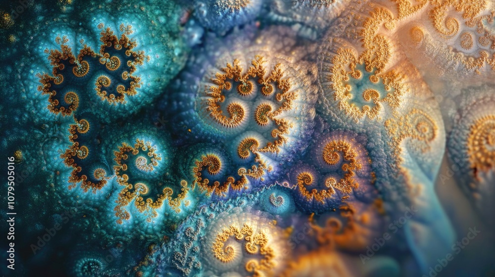 Fototapete Abstract fractal patterns and shapes in a 3D cartoon rendering Infinite universe with mysterious psychedelic relaxation patterns Dynamic flowing natural forms and sacred geometry featuring mystica